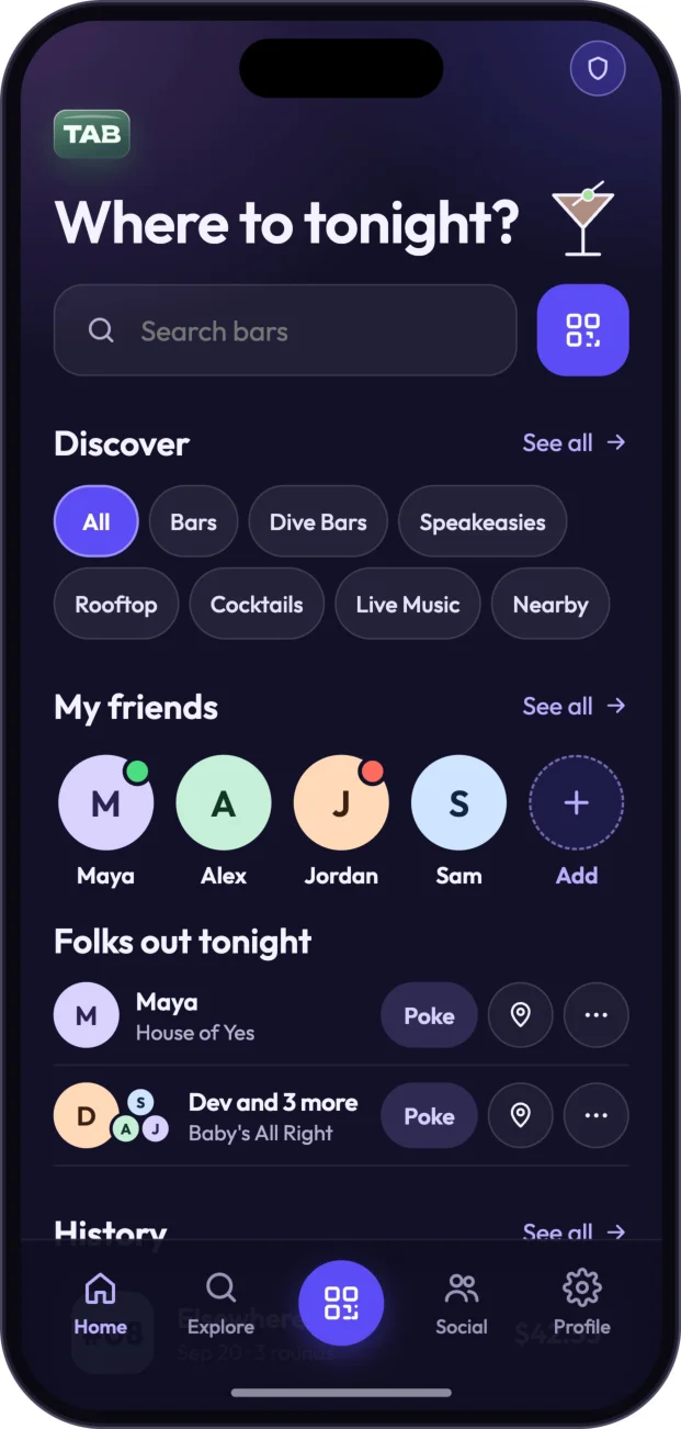 Find your night — venues, friends, and history.