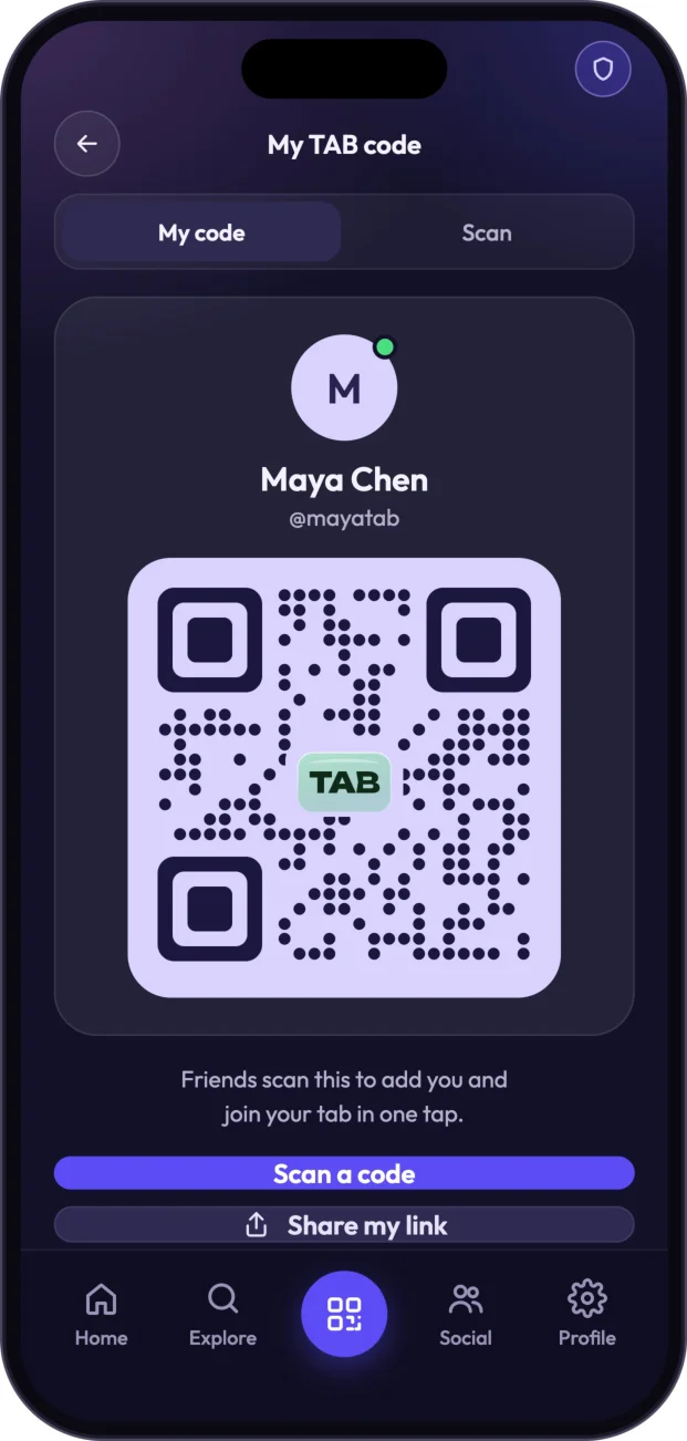 Your TAB code — add friends and join a tab.