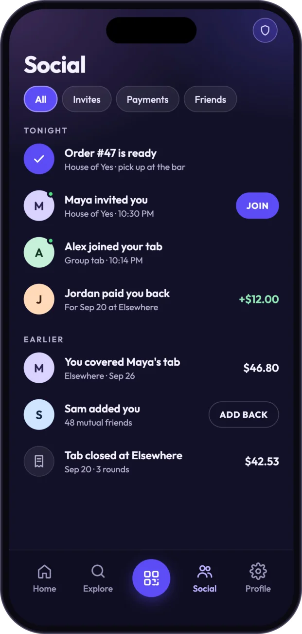 Social — orders, invites, and shared payments.