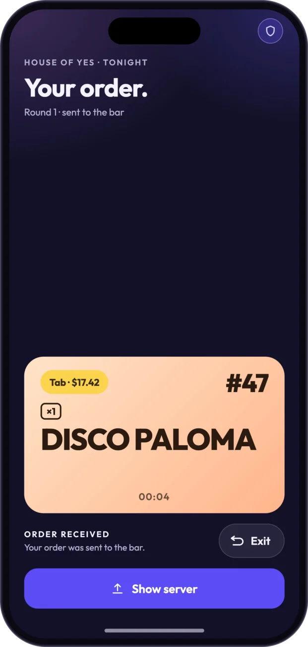 Order received — number, drink, and running total.