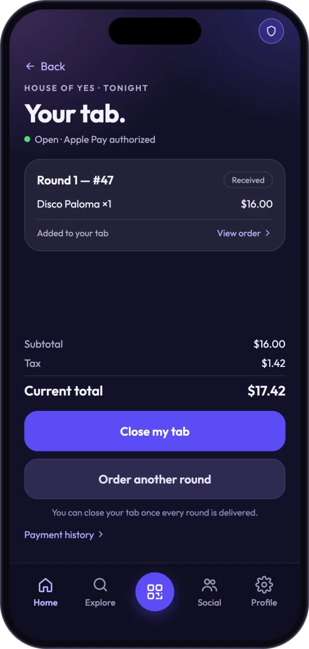 Your tab — rounds, status, and balance.