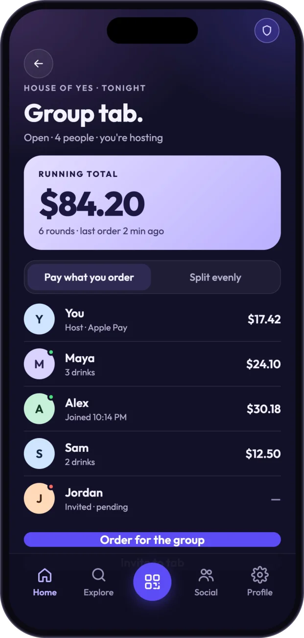 Group tab — individual balances and split options.
