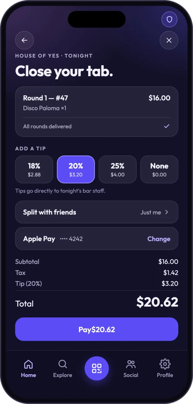 Close your tab — review the bill and choose a tip.