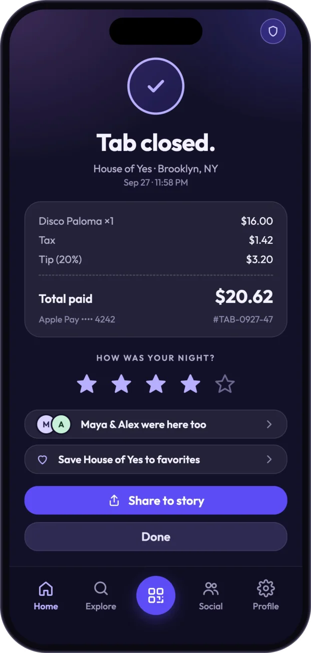 Tab closed — receipt, favorites, and sharing.