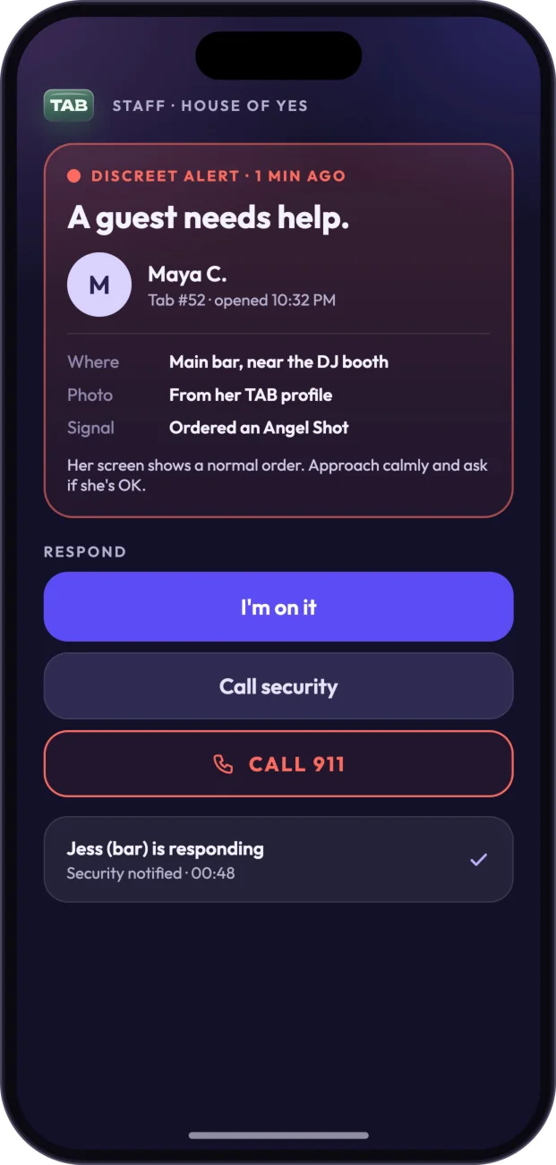 Staff view — acknowledge the alert and coordinate help.