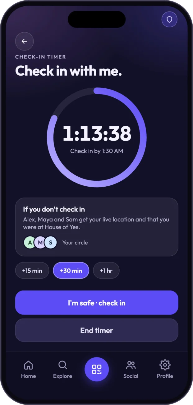 Check-in timer — check in, extend, or end sharing.